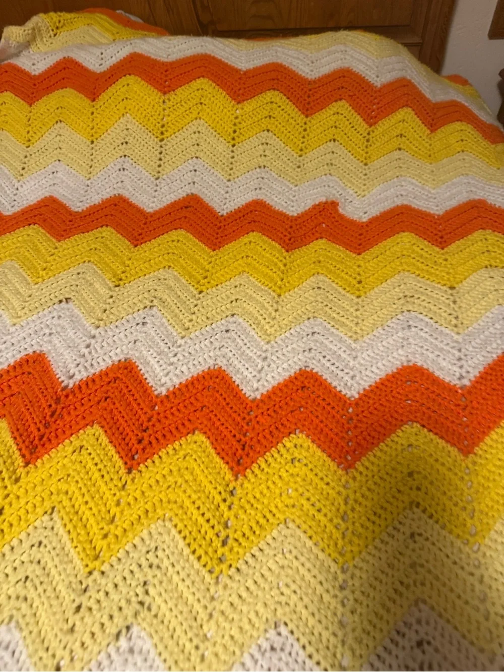 Vibrant Handmade Chevron Crochet Throw Blanket - Orange, Yellow & White Vintage